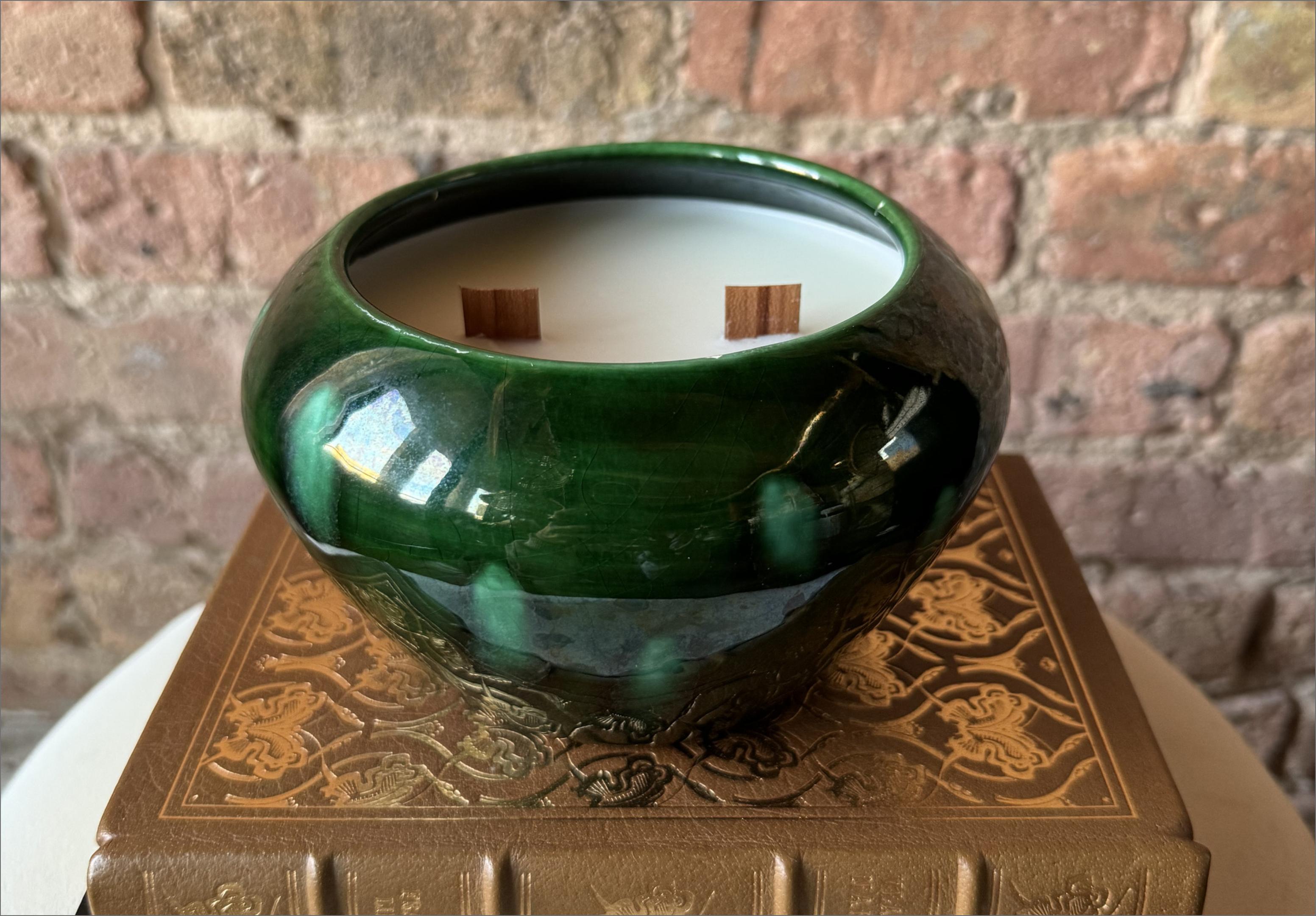 Eleventh House antique candle vessel after being filled with non-toxic wax and wooden wicks