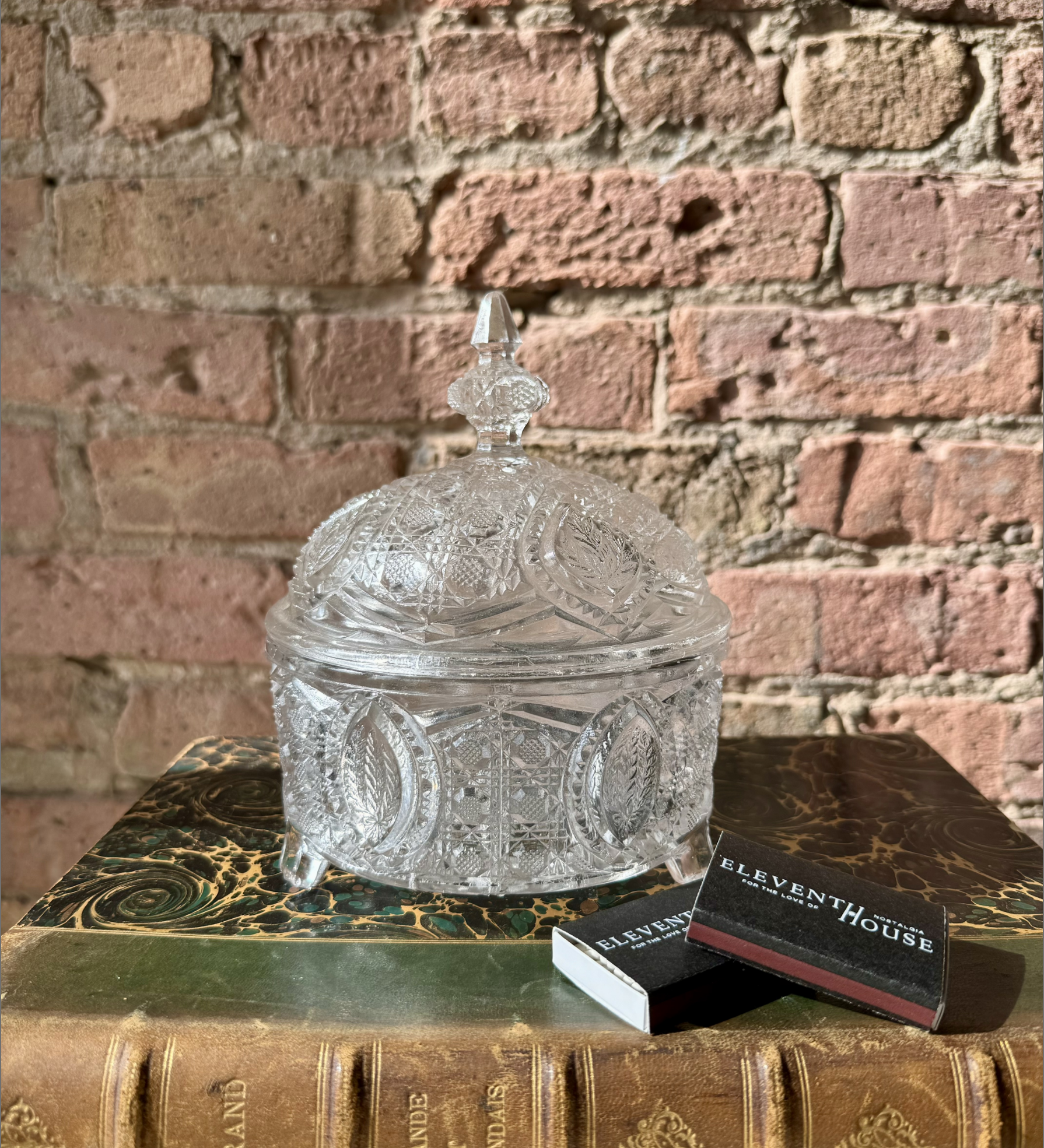 Eleventh House antique glass candle vessel with matchsticks