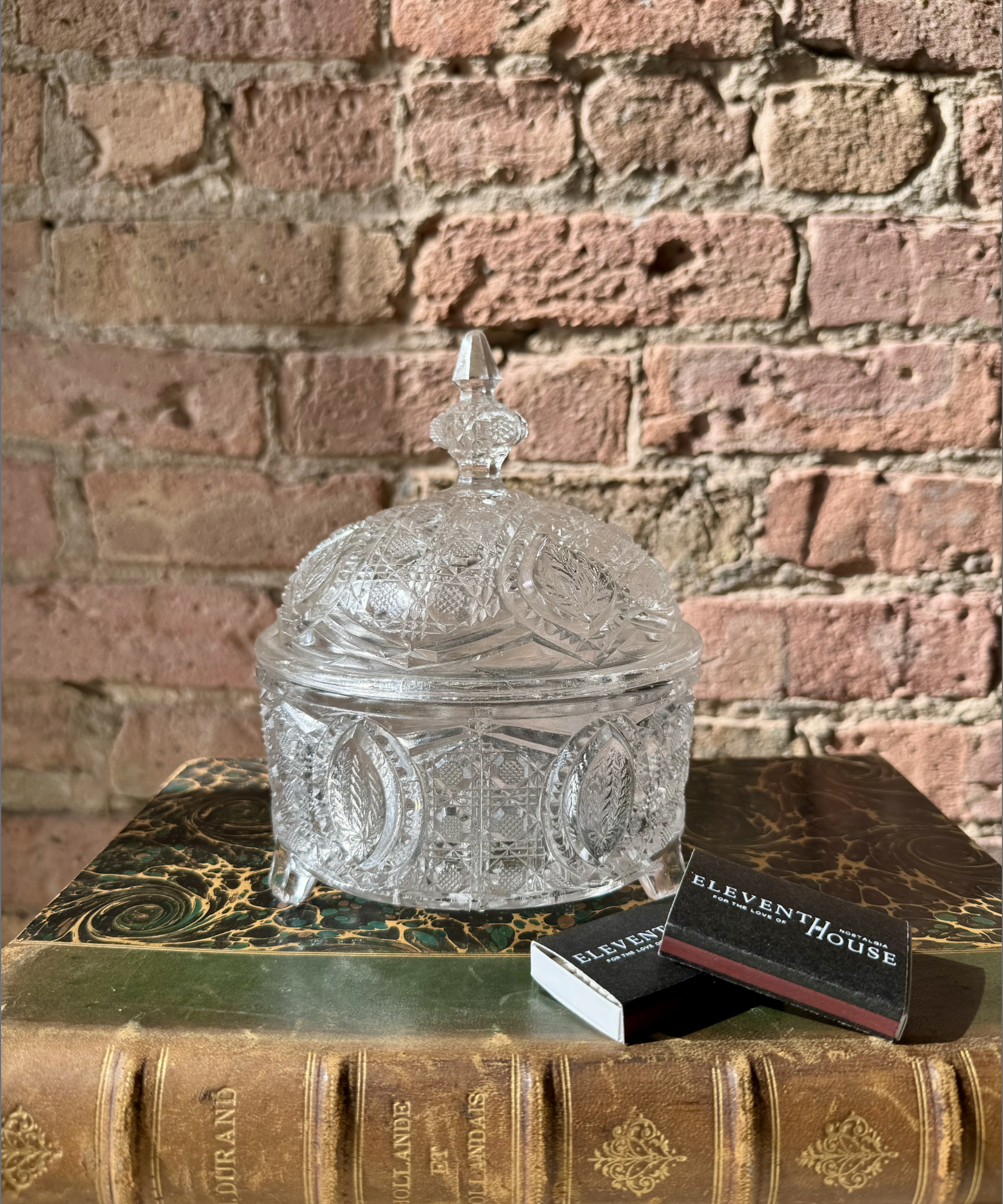 Eleventh House antique glass candle vessel with matchsticks